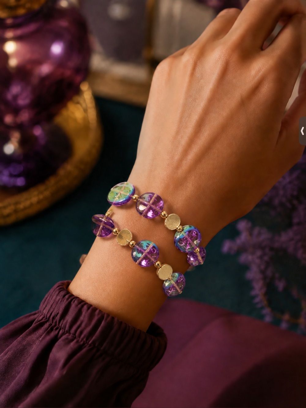 Purple Iridescent Glass Bead Stretch Bracelet - Unbranded